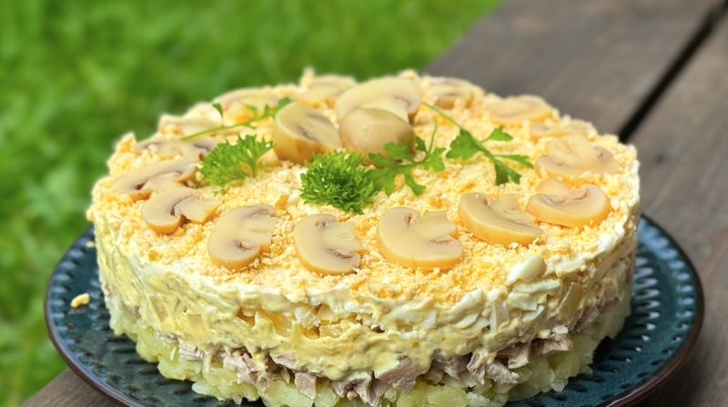 Салат з ананасами, куркою та грибами